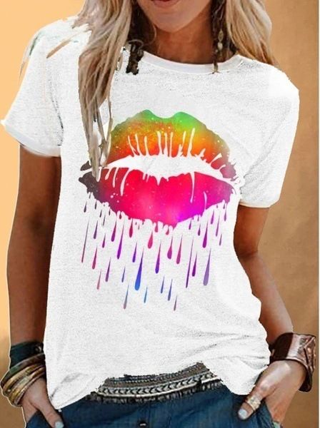 

popular 2020 summer cross-border street trendy round neck slim womens casual lips printed short-sleeved t-shirt women