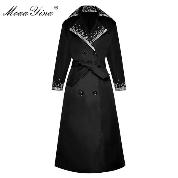 

moaayina fashion windbreaker overcoat autumn winter women long sleeve embroidery turn-down collar double-breasted overcoat, Tan;black
