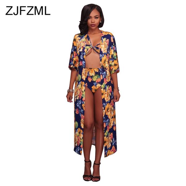 

flower printed мода 3 шт matching set женщина open стежок половина рукав среднего теленок пальто + sexy бинты бюстгальтер + высокая талия тр, White