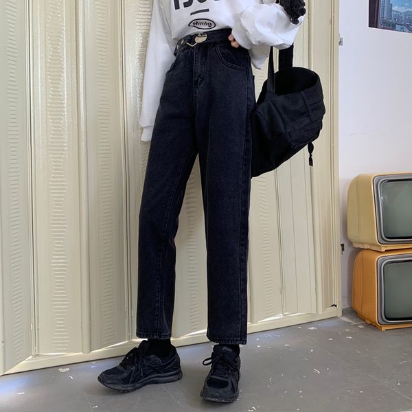 

fdfklak new high waist loose mesh red retro jeans pant wild black student straight pants spring autumn denim trousers women, Blue