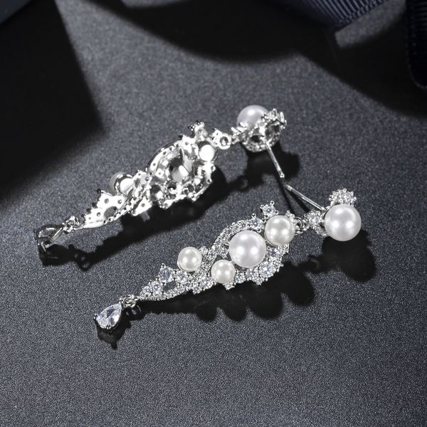 

s925 silver needle brides earrings with diamond and pearl temperament long banquet stage performance wedding garment jewelry
