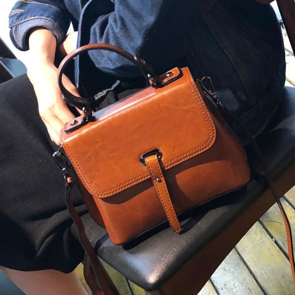

2020 new women's bag european and american oil wax leather square sling bag fashion