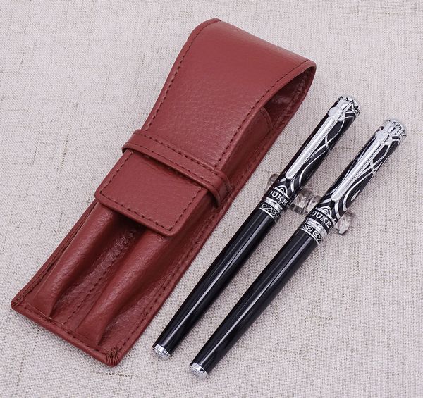 

duke ruby fountain pen & rollerball pen with real leather case bag washed cowhide holder writing gift set