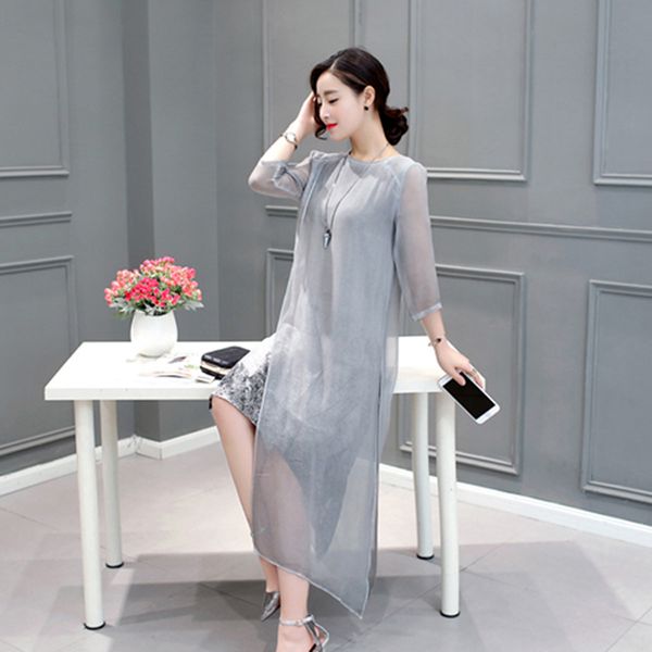 

2019 women long dress slim tunic milk silk print floral summer dress casual plus size vestido feminino loose dresses, Black;gray