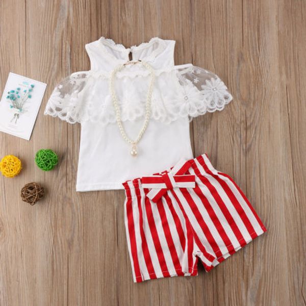 

pudcoco girl set 2y-7y uk 2pcs kids baby girls lace floral blouse +stripe pants outfits clothes set, White