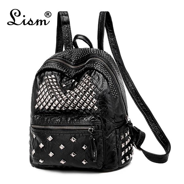 

new washed leather rivet shoulder rivet bag korean leisure travel bag portable college wind double back computer black