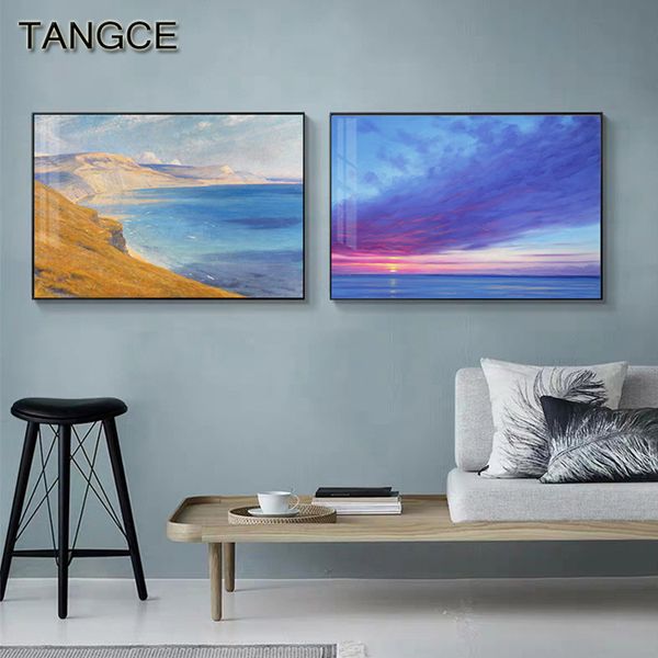 

abstract purple sunset glow canvas painting nordic seascape coastal poster and print for living room hd modern wall art pictures