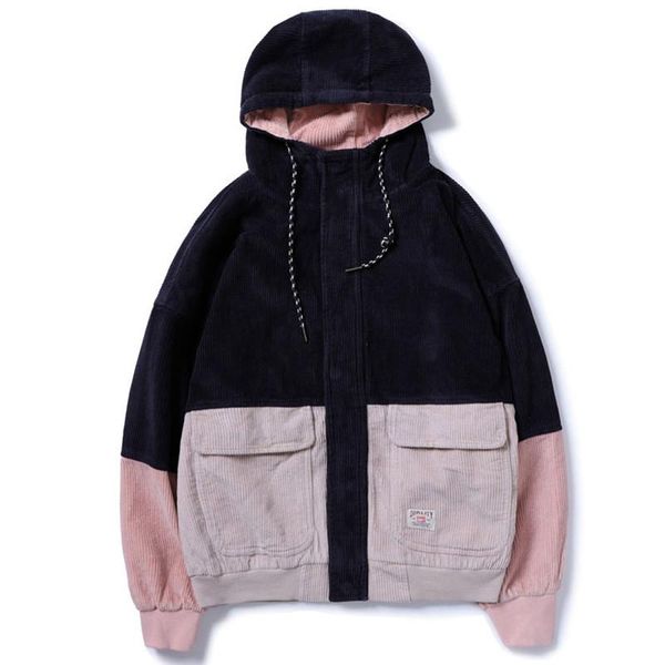 

fashion autumn color block patchwork corduroy hooded jackets men hip hop hoodies coats male casual streetwear outerwear new elegant, Black;brown