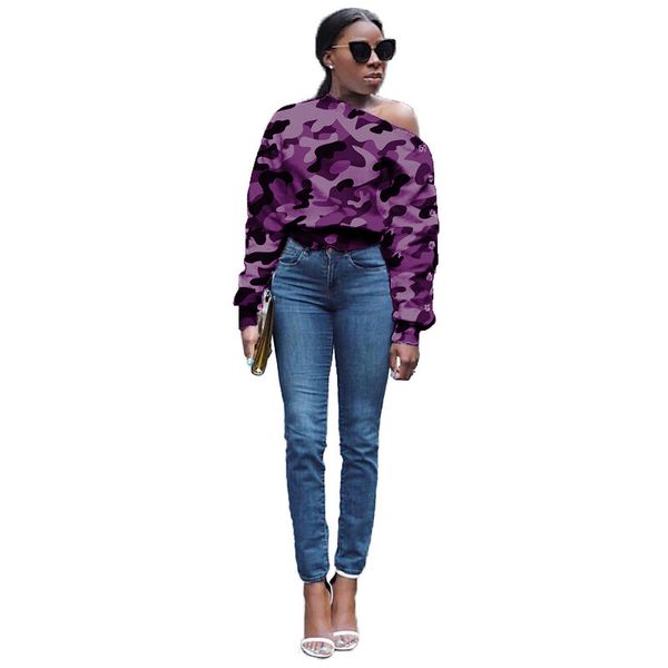 

one shoulder designer tshirts women camouflage printed button casual long sleeved pullover tshirts fashion women tees, White