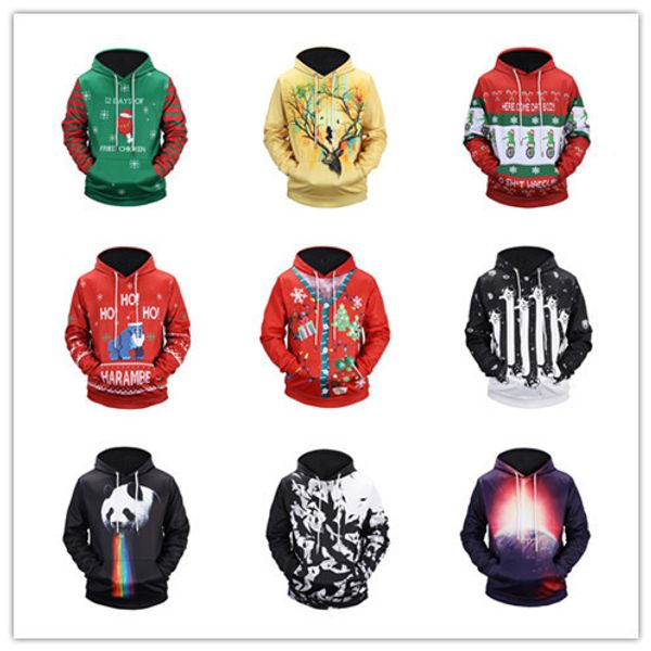 

mens designer christmas couple 3d hooded pullover digital printed long sleeve new year sweater, Black