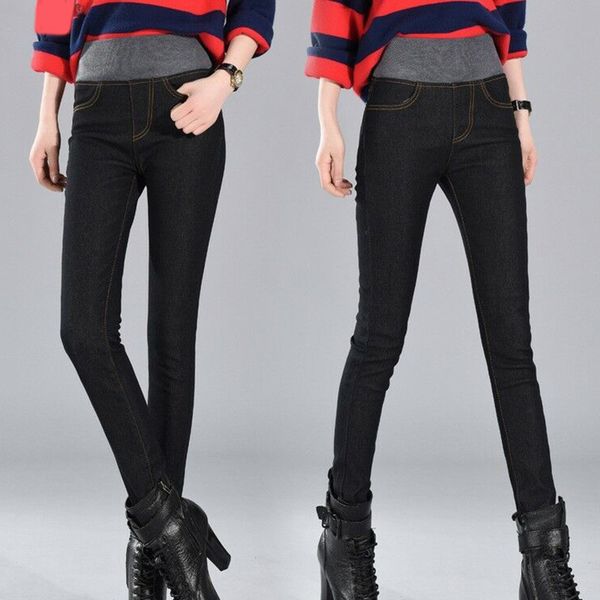 

women winter thick thermals warm fleece nap jeans high waist trousers slim pants outdoor bmf88, Blue