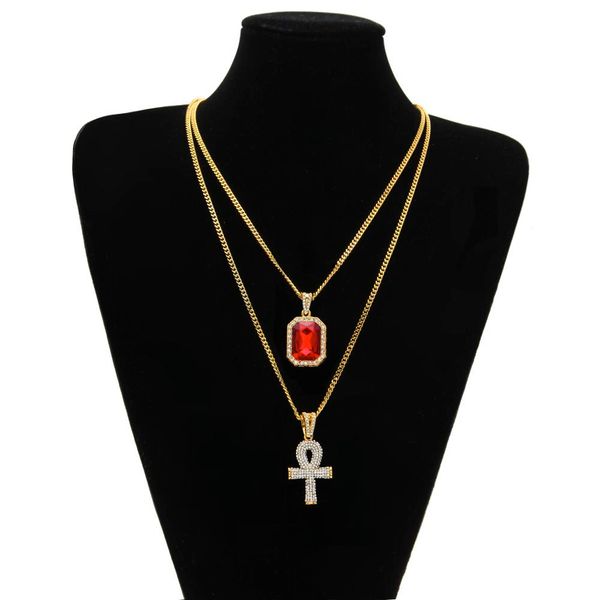 

fashion designer egyptian ankh key of life bling rhinestone cross pendant with red ruby pendant necklace set men hip hop jewelry, Silver