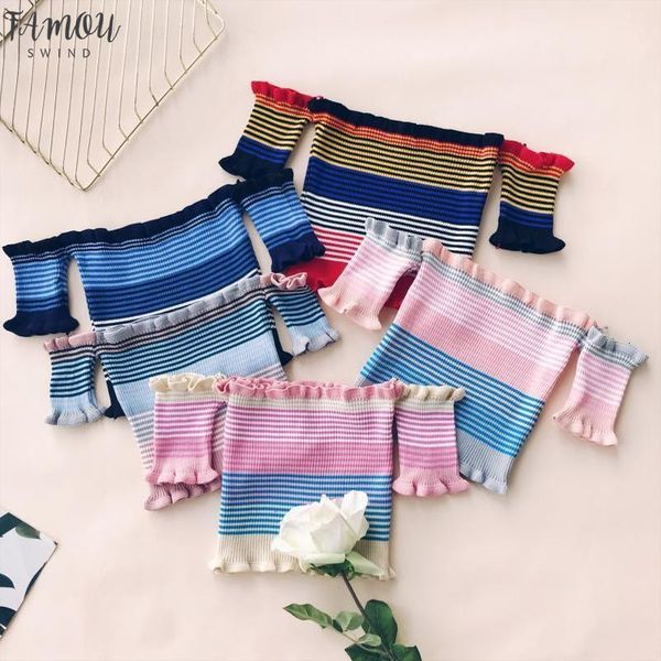 

fl1160 summer sweet ruffles striped slash neck cropped t shirts women short sleeve knit crop for girls, White