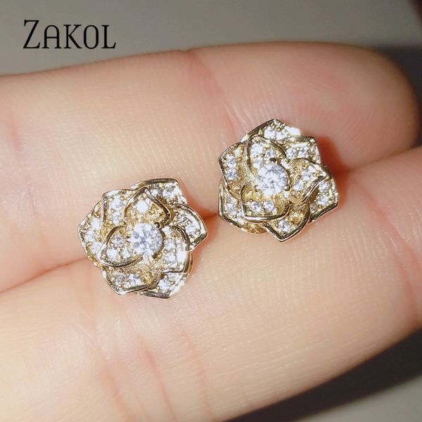 

zakol новые моды цирконий хрустальная роза формы цветка серьги для женщин cute партии birhday ювелирных изделий bijoux подарков fsep3058, Golden;silver