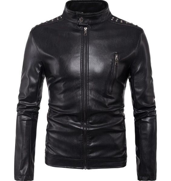 

m-5xl 2019 spring men's new fashion jacke personalized large size rivet casual locomotive stand collar short pu leather coat, Black