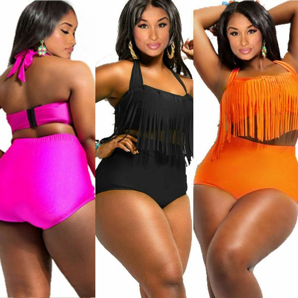 

2019 plus size women bikini lady push up beachttassels swimsuit high waist bottoms