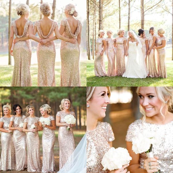 

sparkly rose gold mermaid bridesmaid dresses 2020 short sleeves backless long beach sequins wedding party dress champagne cps344, White;pink