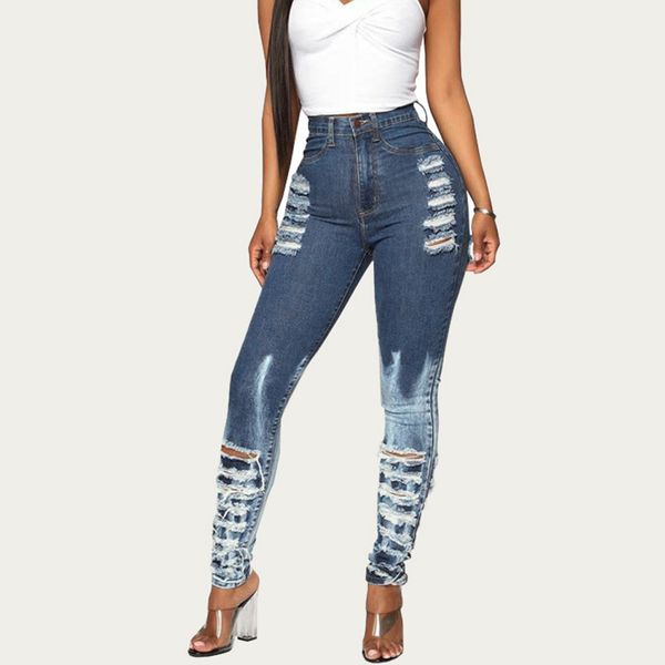 

ripped jeans for women skinny jeans woman elastic hole bleached casual denim slim tight pencil pants spodnie damskie, Blue
