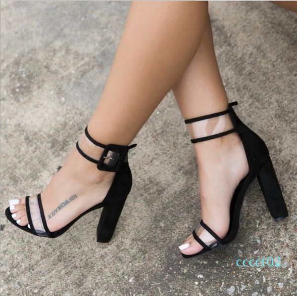 

xingdeng ladies bandage transparent summer party flock sandal shoes 35-42 sizewomen ankle strap high heel sandals shoes 2ct, Black