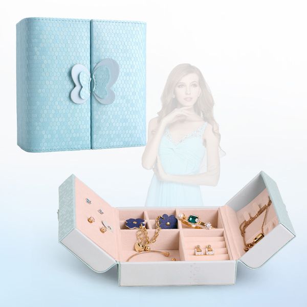 

korean sweet jewelry box organizer travel portable universal leather ring bracelet earring display storage box case, Pink;blue