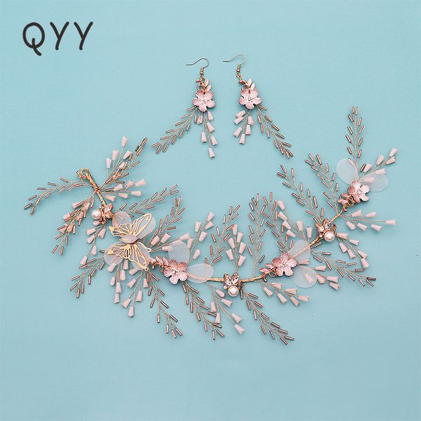 

qyy hair vine headbands with earrings set handmade floral hair accessory bridal head band headdress for party wedding birthday, Golden;white
