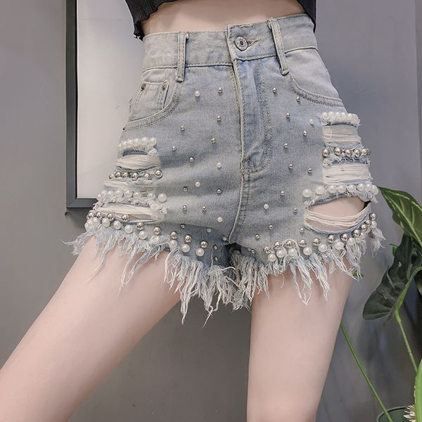 

2020 summer new fashion casual embroidered flares solid pearl high waist hollow out slim denim shorts women jeans, Blue