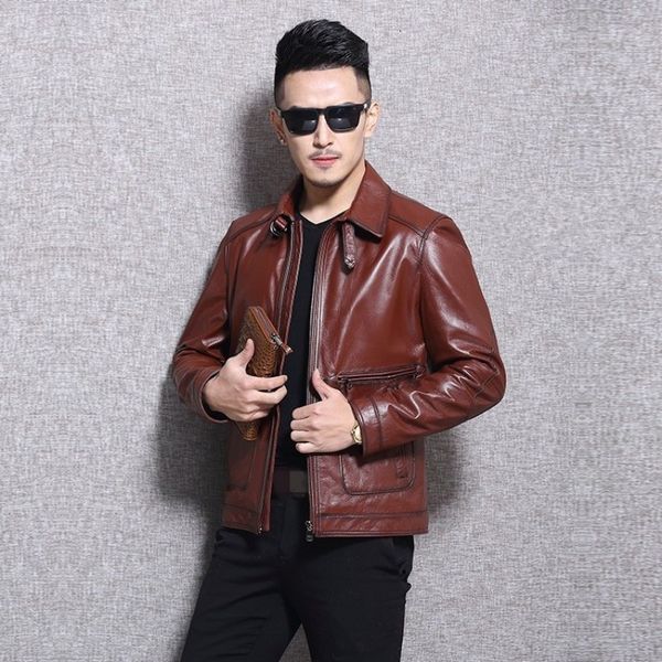 

2020 new winter men genuine leather jacket fashion solid lapel collar outerwear streetwear casual pocket zipper coats male m-4xl, Black