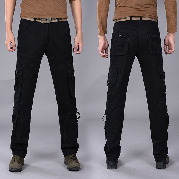 

men's tactical cargo multi-pocket overalls airborne pants paintball plus size casual straight army long pant, Black
