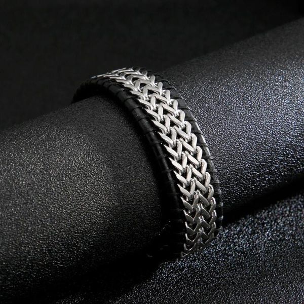 

20mm width mens cowhide stainless steel weave chain bracelet flat heavy jewelry birthday for dad her boyfriend present, Black