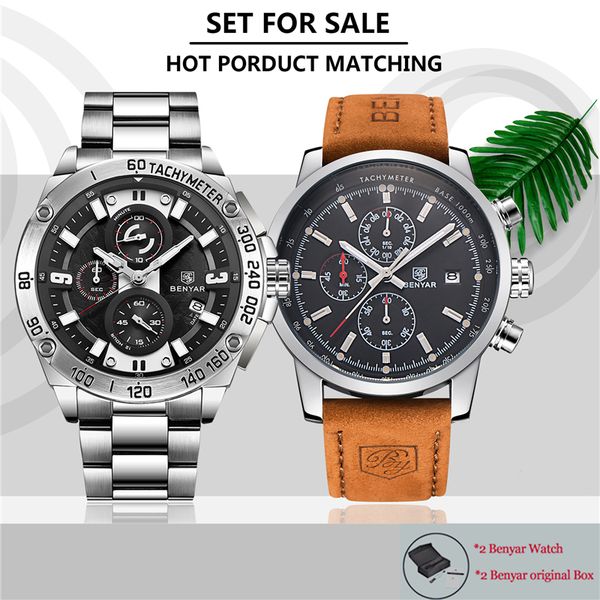 

benyar set mens watches quartz wristwatch men multi-function chronograph man waterproof clock relogio masculino, Slivery;brown
