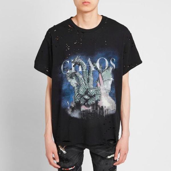 

20ss am1r1 high street vintage hole t-shirt three-headed dragon spout flames fire tee men women casual short sleeves summer hfymtx722, White;black
