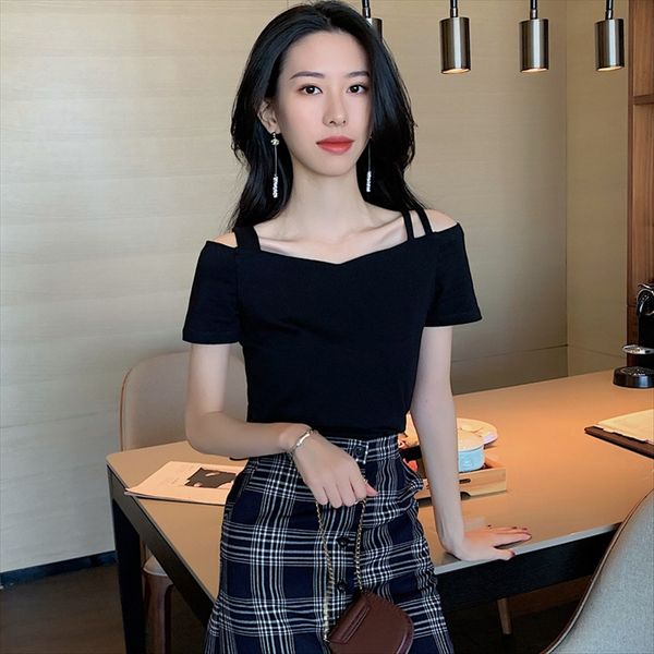 

strapless short-sleeved t-shirt women's jacket base shirt black shoulder strap shoulder strap tight heart machine cotton sling summer 2, White