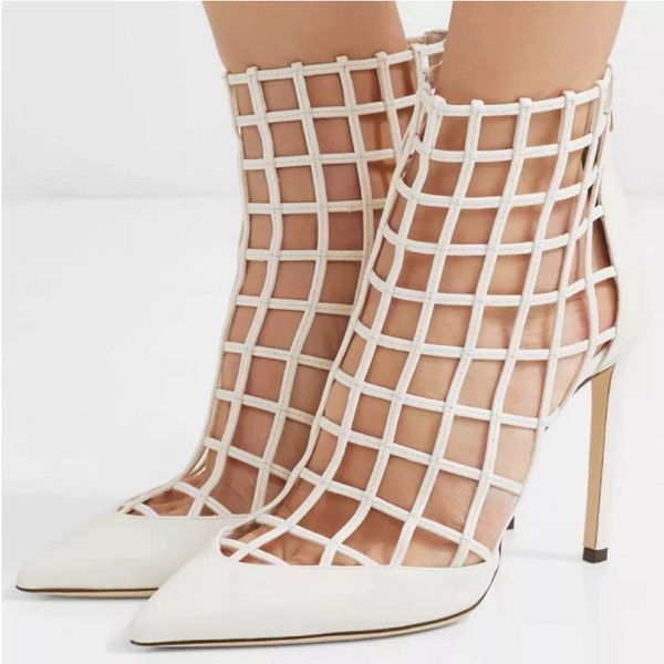 

white red ankle boots pointy toe stiletto heels 2019 summer new cut out caged design gladiator summer booties women sandals, Black