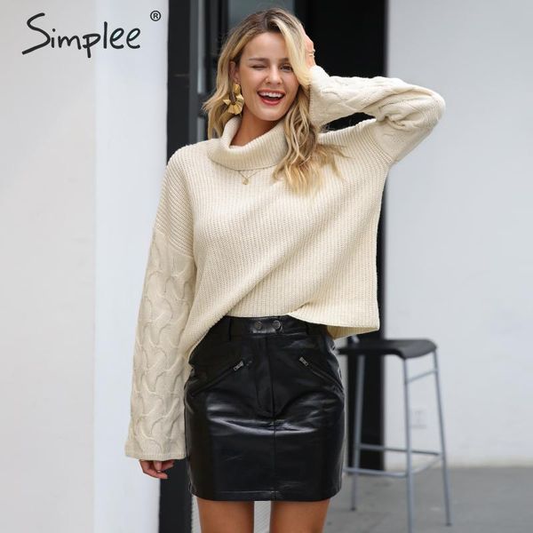 

simplee elegant turtleneck women knitted sweater pullover long sleeve casual sweaters female autumn winter jumper pull femme, White;black