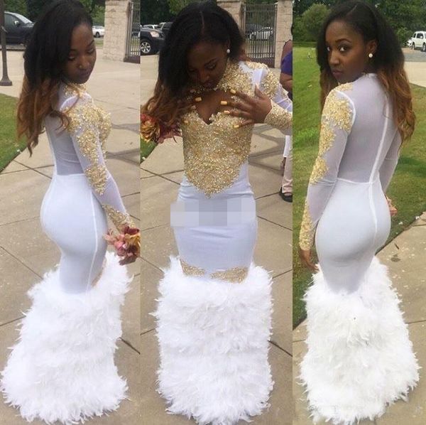 

2019 White Long Sleeve Prom Dresses Feather Adorned Train Gold Applique Keyhole Neck Mermaid Arabic Evening Party Dresses Formal Gowns