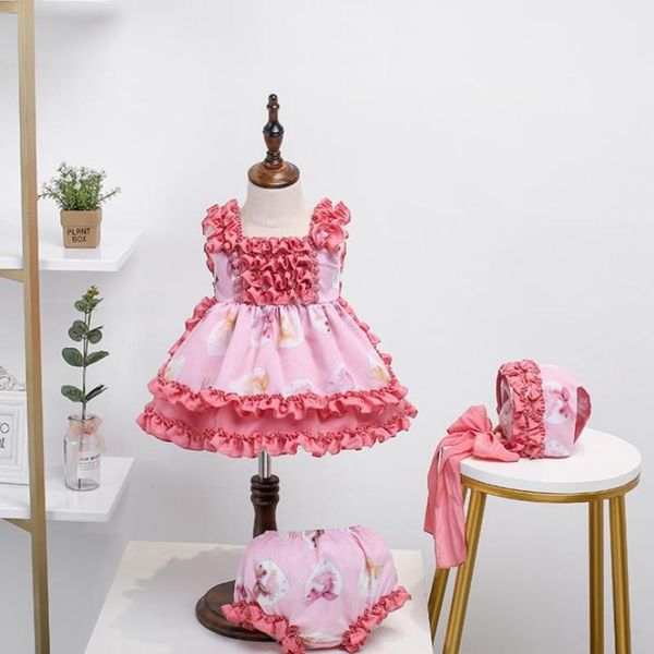 

4pcs baby girl clothes spanish lolita princess dress sleeveless print sweet cute ball gown birthday party dress for girls y3206, Red;yellow