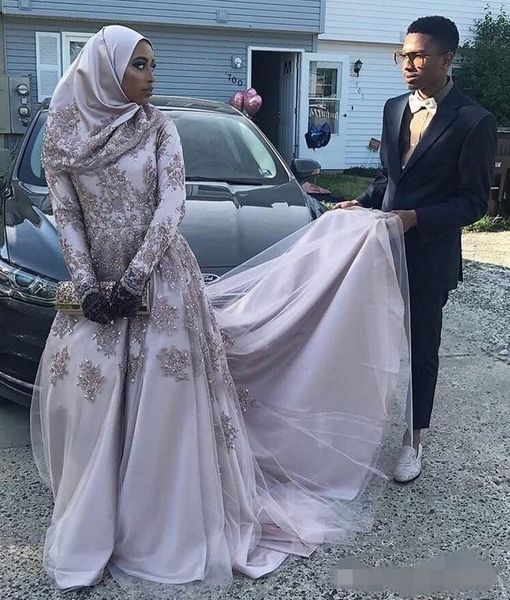 2020 pastel lilás vestidos de baile muçulmanos mangas compridas ouro laço applique frisado varrer trem tulle vestidos de noite africanos