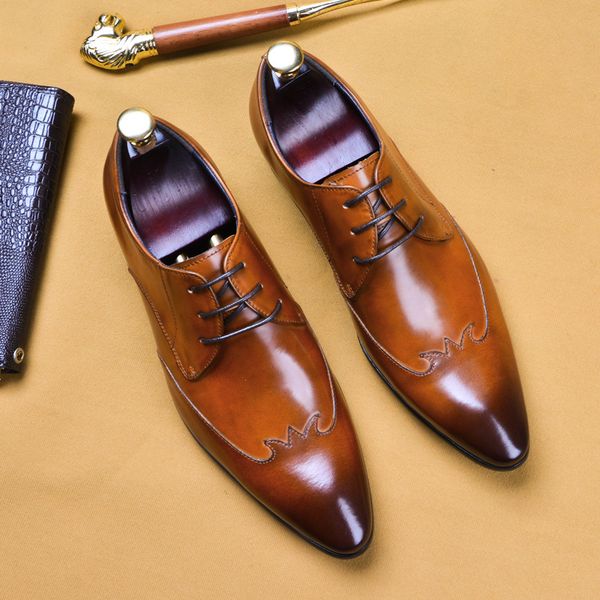 

2020 spring new shoes male pointed toe leather business dress shoes brown men's dress men's, Black