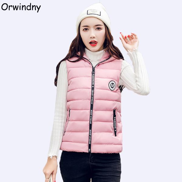 

orwindny 2019 women winter cotton vest slim casual hooded thickening warm autumn vests female cute pink student short waistcoat, Black;white
