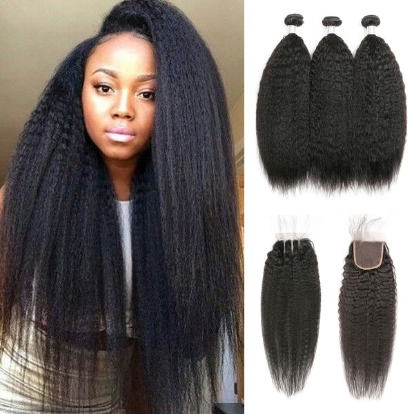 

kinky прямых пучки волос с закрытием бразильских волос плетения связки человек 3 волос пучков с кружевом закрытие 4x4 remy beyo, Black;brown