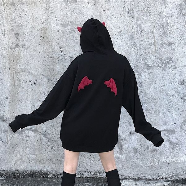 

2020 autumn winter women hooded sweatshirts harajuku punk gothic devil horn chic hooded pullover anime kawaii cute female, Black