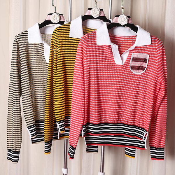 

женская 2019 новая осенняя мода поворот воротник с длинным рукавом полосы вязаный свитер пуловеры повседневная красный желтый бежевый, White;black