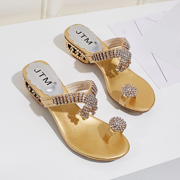 

women summer open toe chunky heel sandals fashion crystal rhinestones beach flip flops slip on outside slides shoes woman, Black