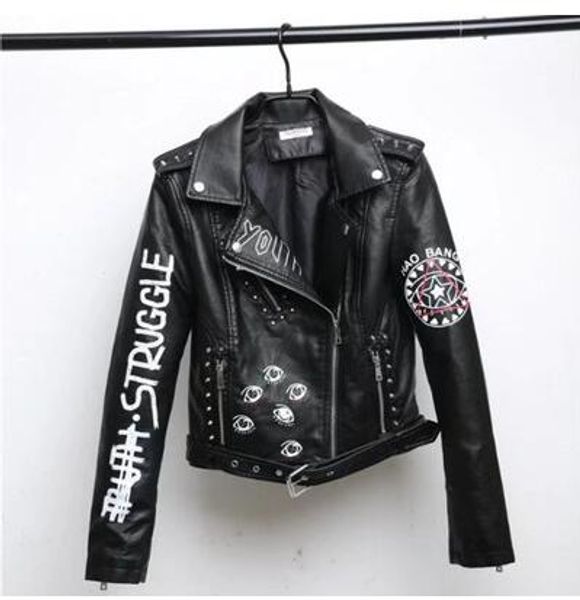 

spring and autumn 2019 new rivets letters motorcycle leather short fashion hip-hop jacket women's leather jackets coats female, Black