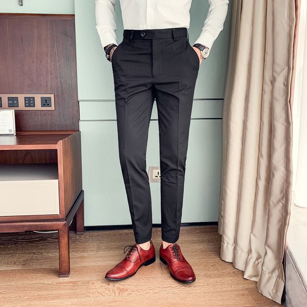 

29-34 mens dress pants british style solid slim fit suit pants men all match formal wear business office trousers men, White;black