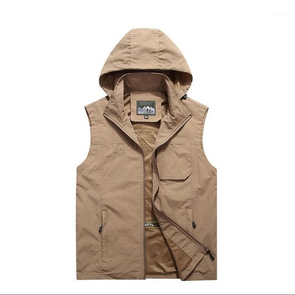 

fashion embroidery mens stand collar clothing designer zipper vests with hat and pocket casual pure color coats, Black;white