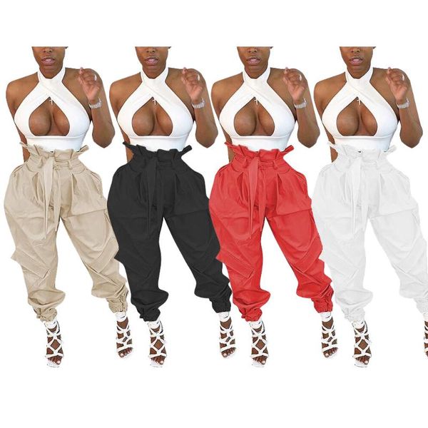 

cool ladies cargo pants 2020 new arrivals high waist pockets sash ruffles pencil pants summer autumn full length actual ps, Black;white