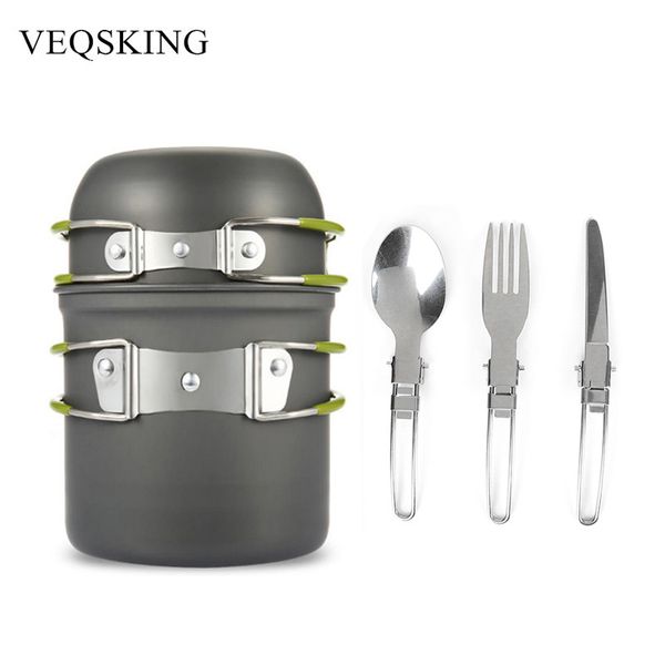 

aluminum alloy hiking picnic tourist tableware set with folding spoon fork knife non-stick pot pan outdoor camping trip cookware