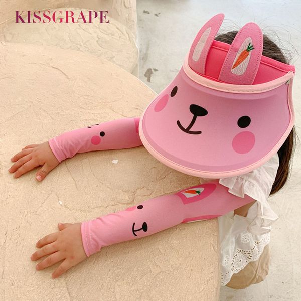 

2 sets sunhats + arm sleeves for baby boys girls summer cartoon beach sunhat children's outdoor holiday travel seaside sun caps, Blue;gray