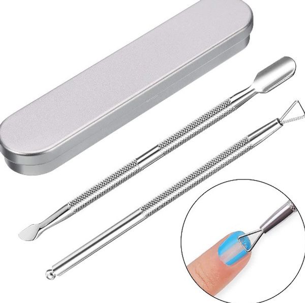 

metal box 2pcs pack triangle cuticle nail pusher peeler scraper remove gel nail polish, cuticle remover manicure tools